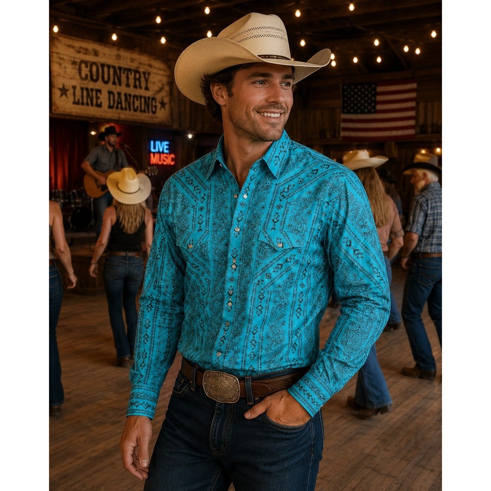 PANHANDLE Men's Medium Long Sleeve Teal Paisley Western Pearl Snap Shirt -2005